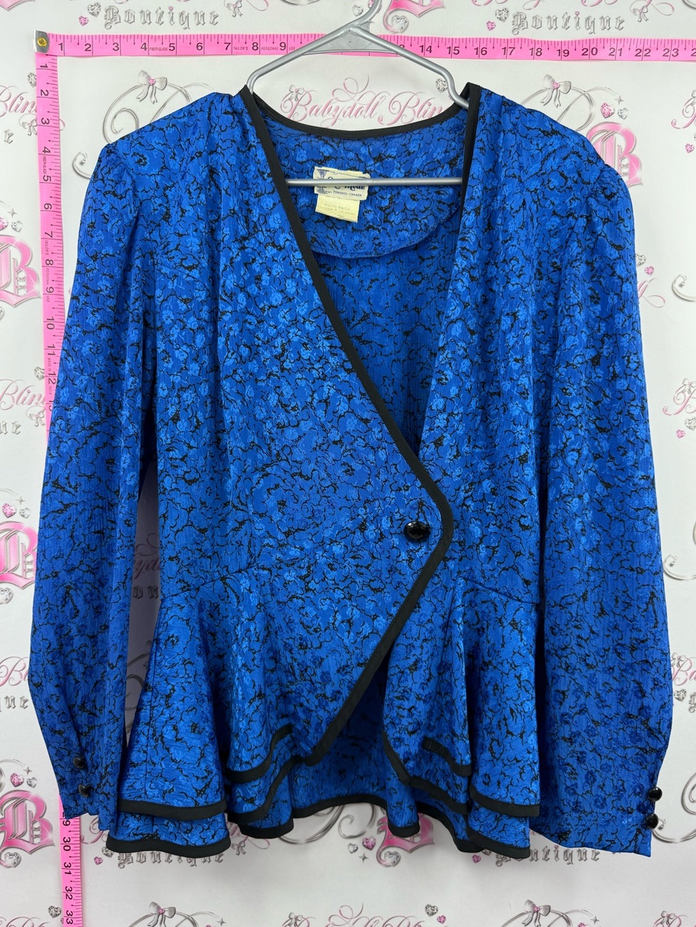 NUMODE blazer bow ribbon detail Blue Floral Peplum Blazer with Black Trim